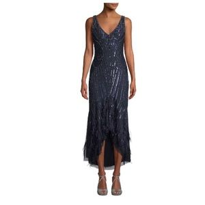 NWT Parker Sydney Beaded High-Low Gown Dress w/ Feather Hem